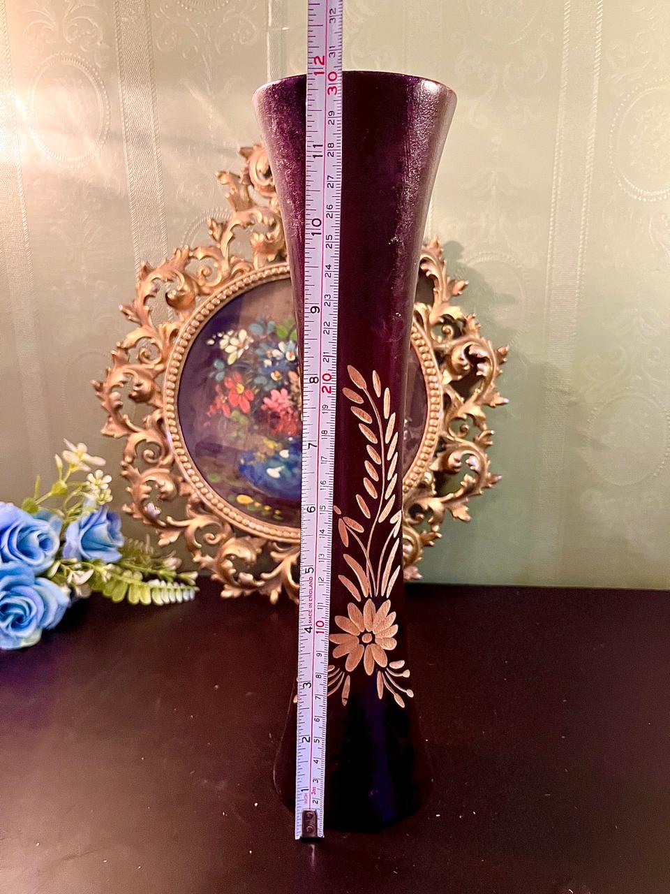 Purple glass vase shown with measuring tape indicating approx. 12 inch height