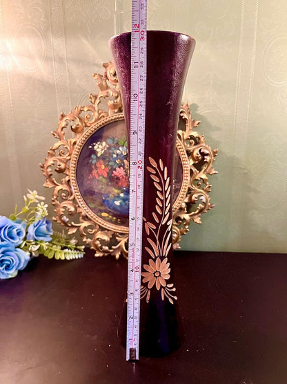 Purple glass vase shown with measuring tape indicating approx. 12 inch height
