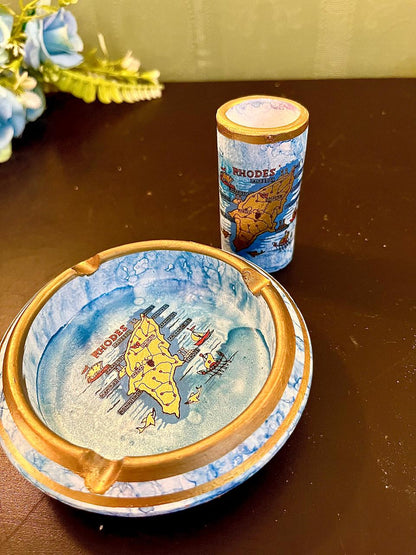 Vintage souvenir ashtray and matching cylinder holder, blue and gold map design