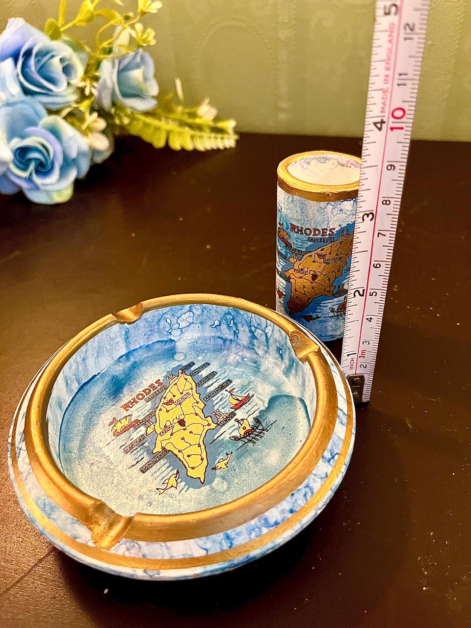 Vintage souvenir ashtray with ruler showing approximate 4 inch diameter