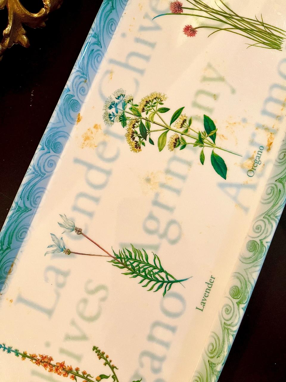 Close-up of herb illustrations on tray with scalloped teal border