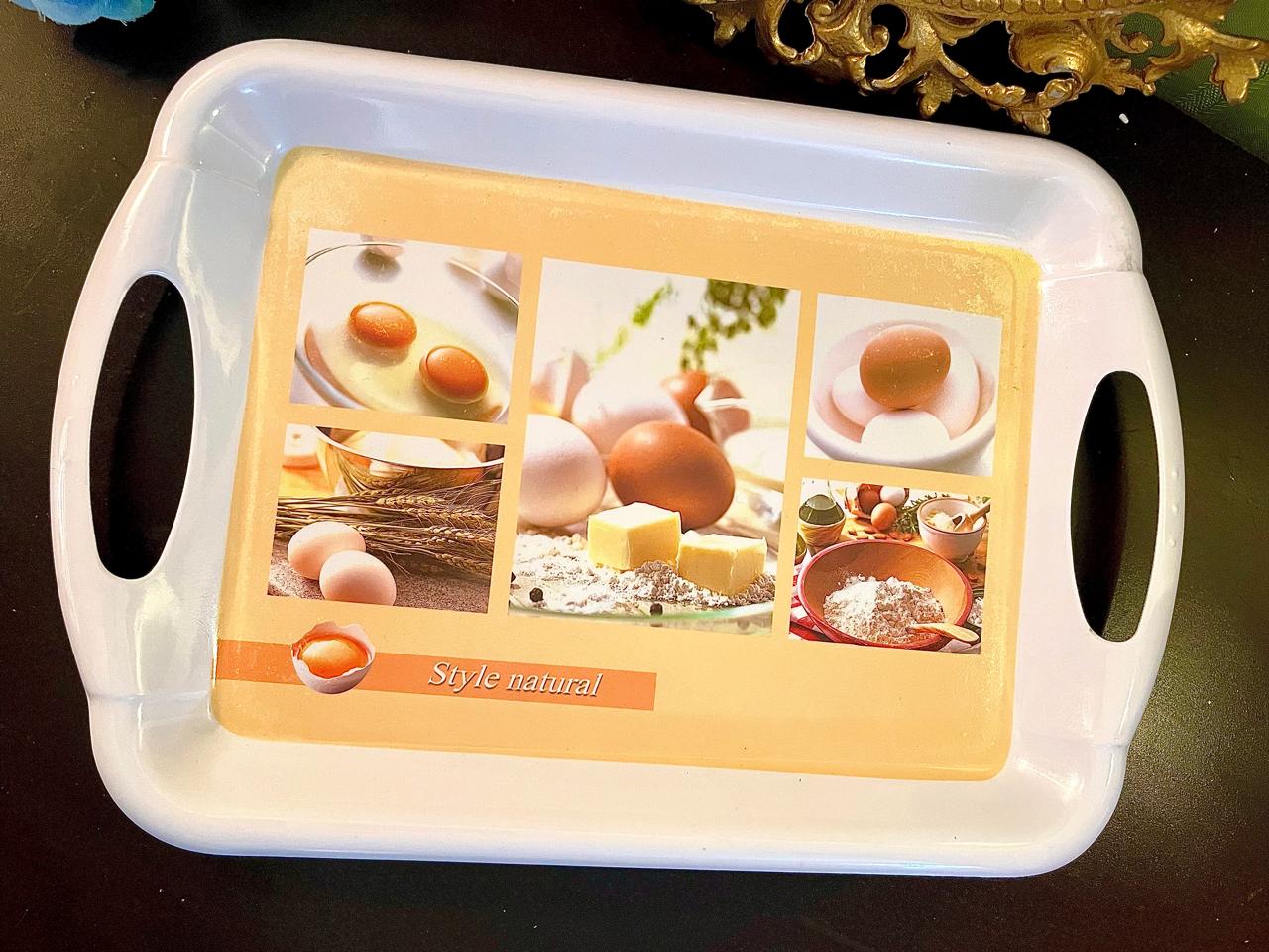 White melamine serving tray with Style Natural eggs and baking collage print, cut-out handles
