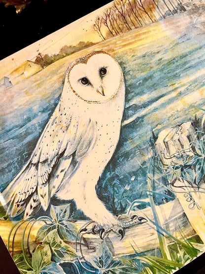 Close-up detail of barn owl watercolor artwork on tray