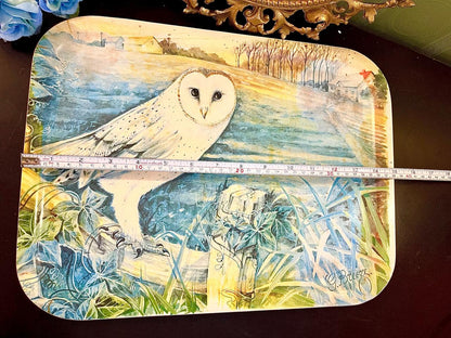 Owl tray shown with measuring tape indicating approx. 16 inch length