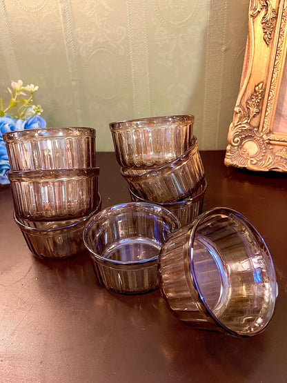 Set of vintage smoky amber ribbed glass tumblers, stacked view