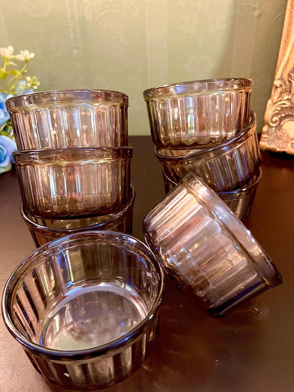 Set of vintage smoky ribbed glass tumblers, alternate stacking arrangement