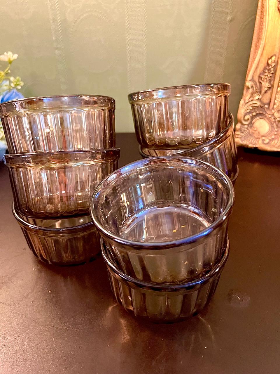 Set of vintage smoky ribbed glass tumblers, grouped view