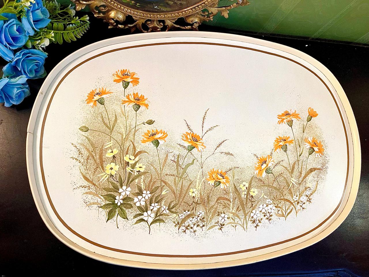 Large oval cream tray with orange wildflower meadow print