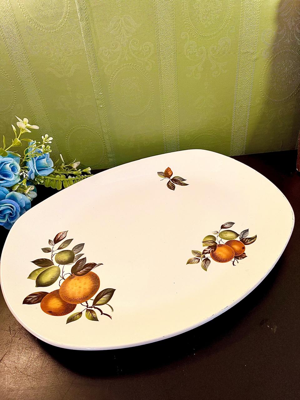 Vintage ironstone oval platter with mandarin orange fruit pattern, full view