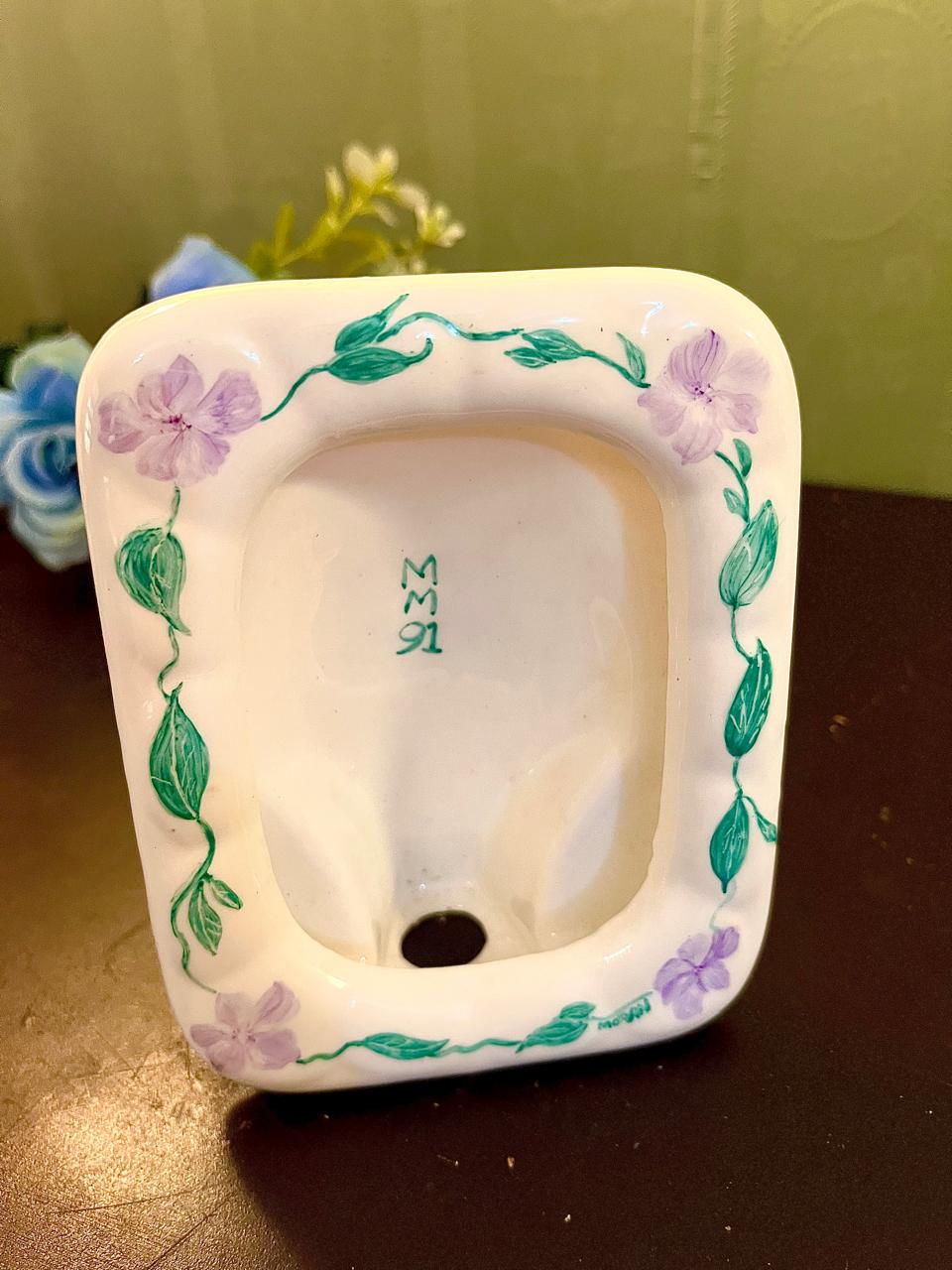 Vintage square ceramic trinket dish with lavender floral vine border, top view