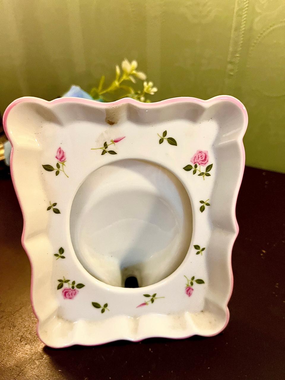 Vintage square ceramic trinket dish with pink rose pattern, top view